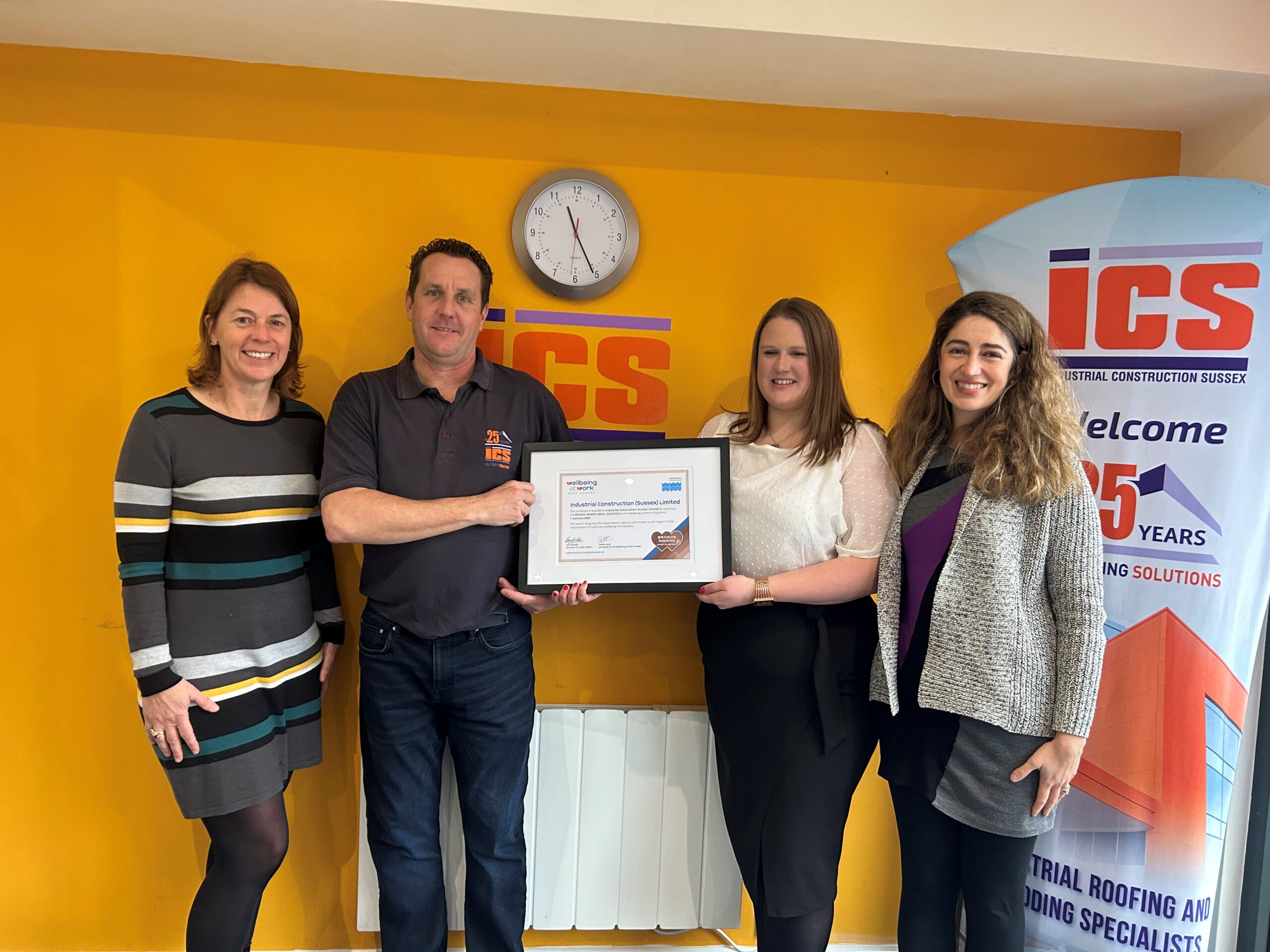 Left to Right: ICS Roofing’s Lorraine Brown, Commercial Manager; Darren Gray, Flat Roofing Contracts Manager; Chantalle Sullivan, PA to Operations Manager, and East Sussex County Council’s Flavia de Melo Dewey