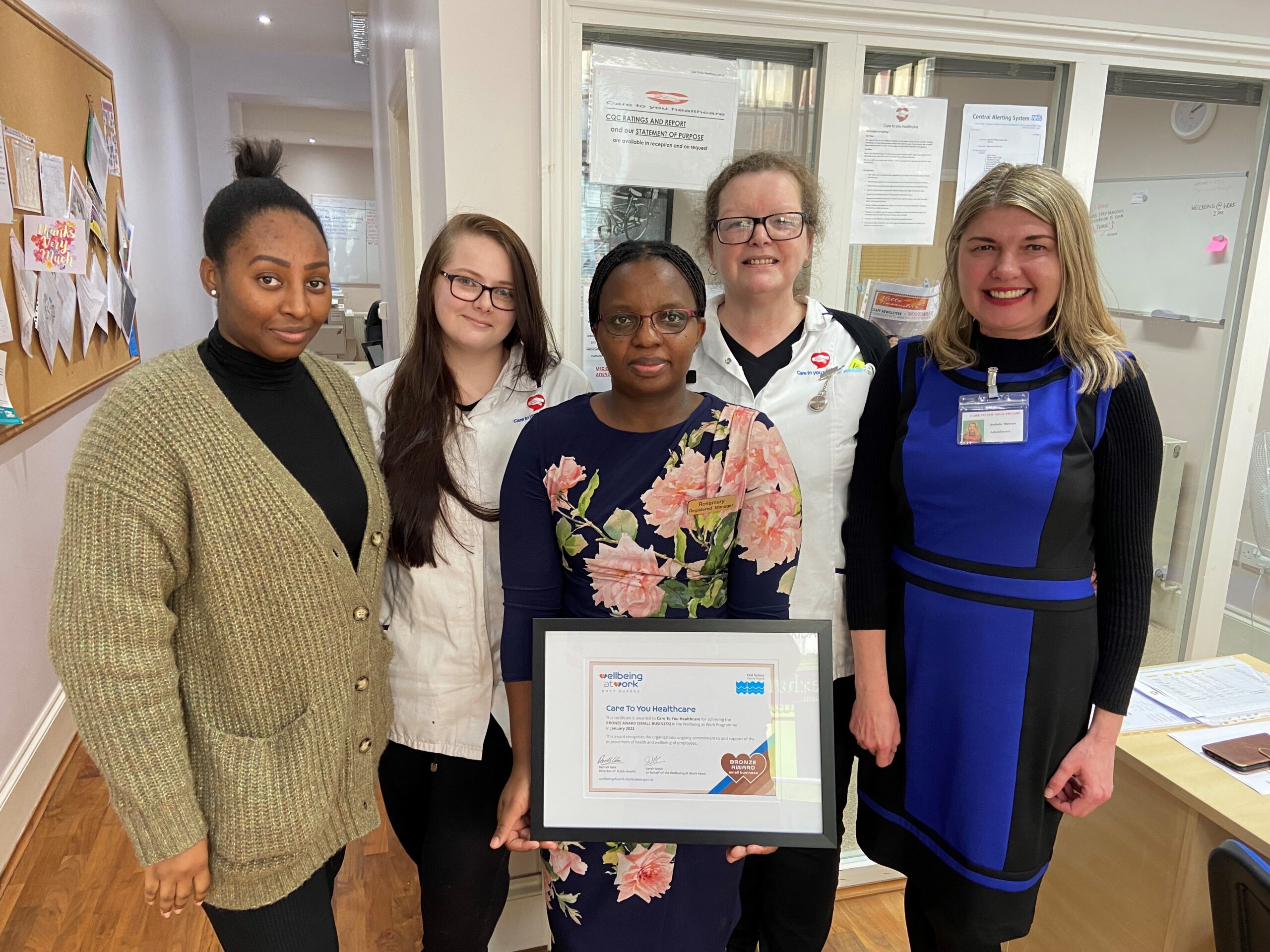 East Sussex Wellbeing at Work’s Small Business Bronze Award presentation to Care To You Healthcare in January 2023.
