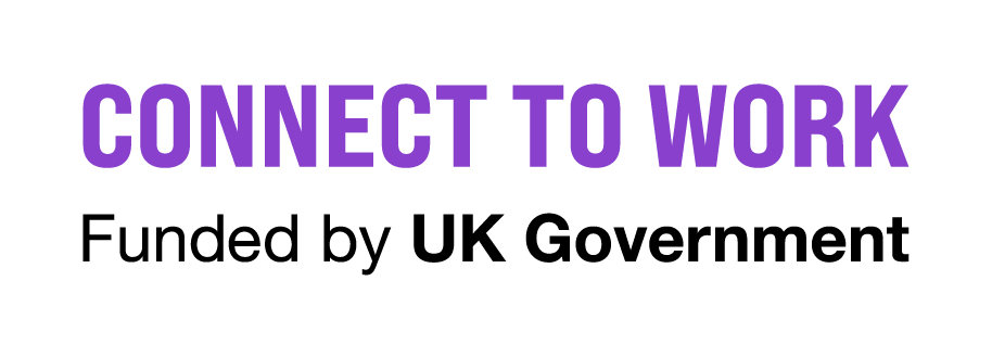 purple words that say connect to work
